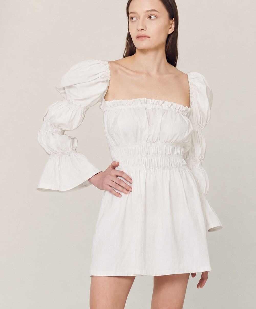 Storets Clare Balloon Sleeve Smocked White Mini Dress Puff Sleeve S/M